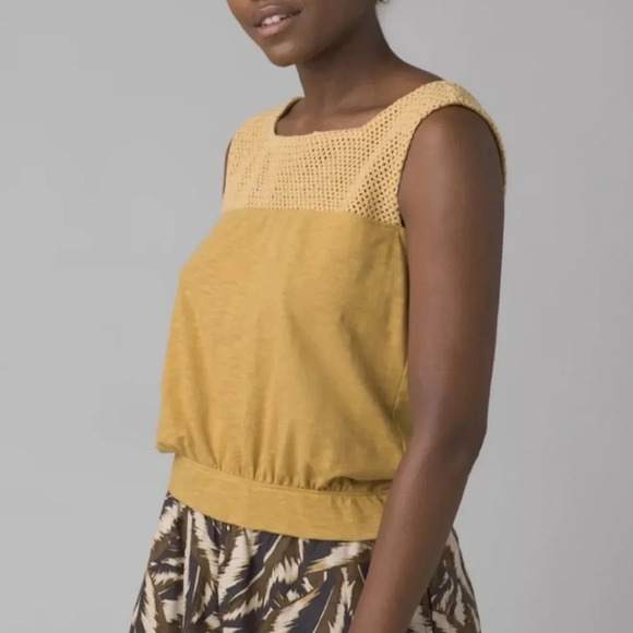 Prana Women Abbott Pass Mustard Yellow Square Neck Crocheted Top Tank Large NWT - Picture 1 of 10